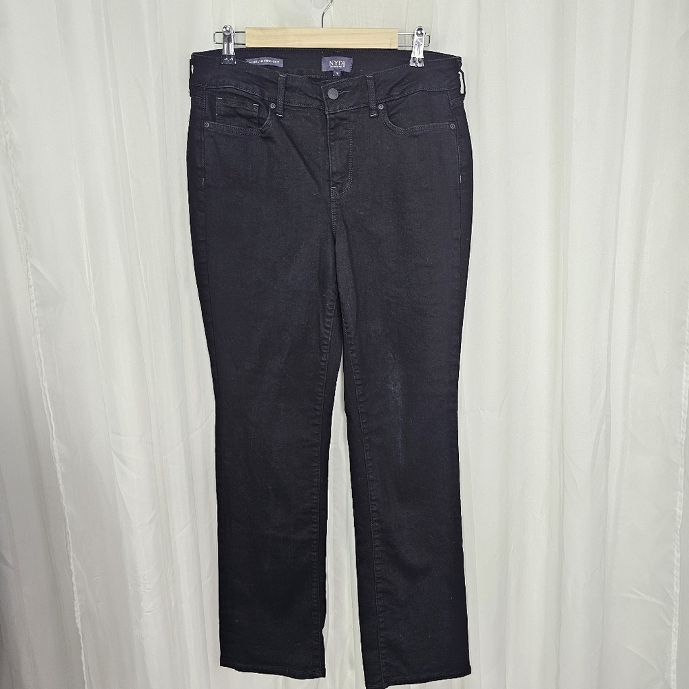 NYDJ Marilyn Straight Jeans In Black Rinse Stretch Lift X Tuck Size 10